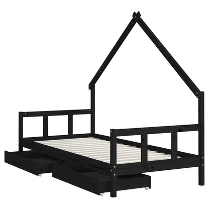 Kinderbedframe Met Lades 90X200 Cm Massief Grenenhout Zwart