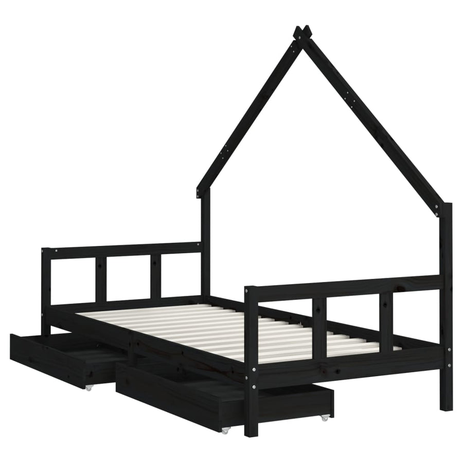 Kinderbedframe Met Lades 90X200 Cm Massief Grenenhout Zwart