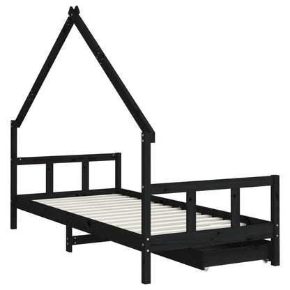 Kinderbedframe Met Lades 90X200 Cm Massief Grenenhout Zwart
