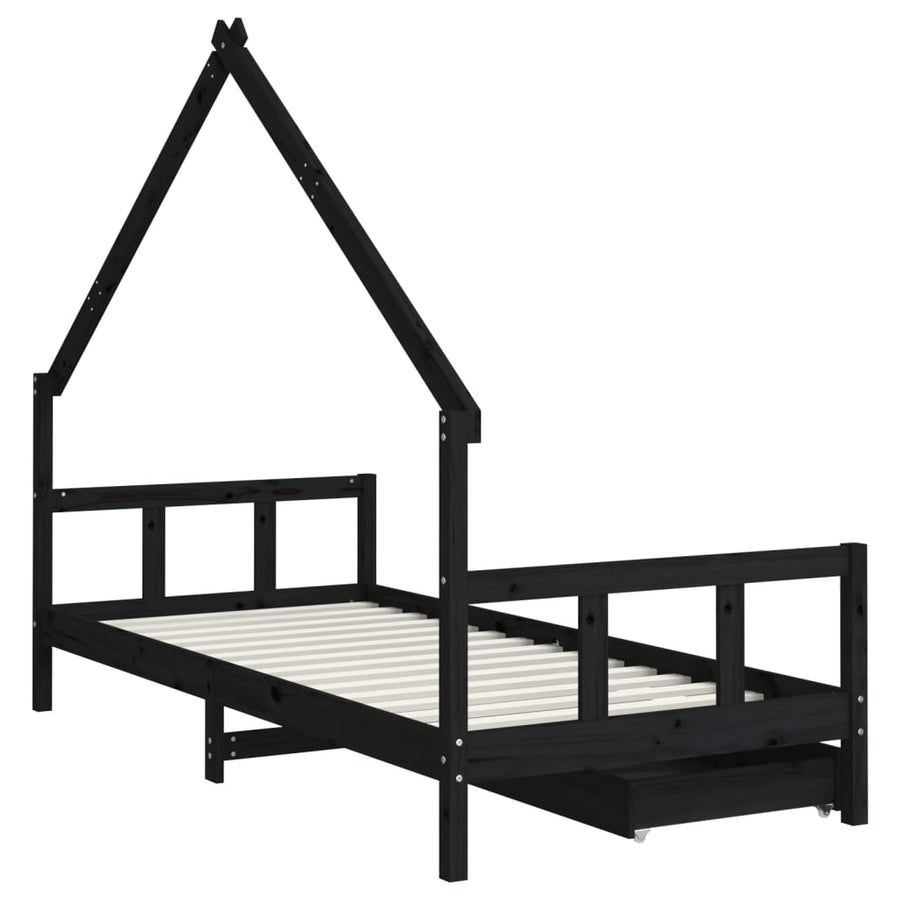 Kinderbedframe Met Lades 90X200 Cm Massief Grenenhout Zwart