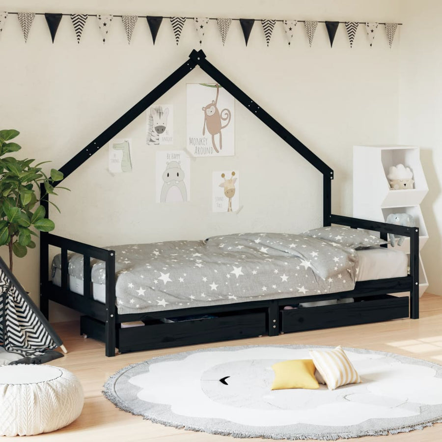 Kinderbedframe Met Lades 90X200 Cm Massief Grenenhout Zwart