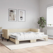 Slaapbank onderschuifbed 100x200 cm stof crèmekleurig