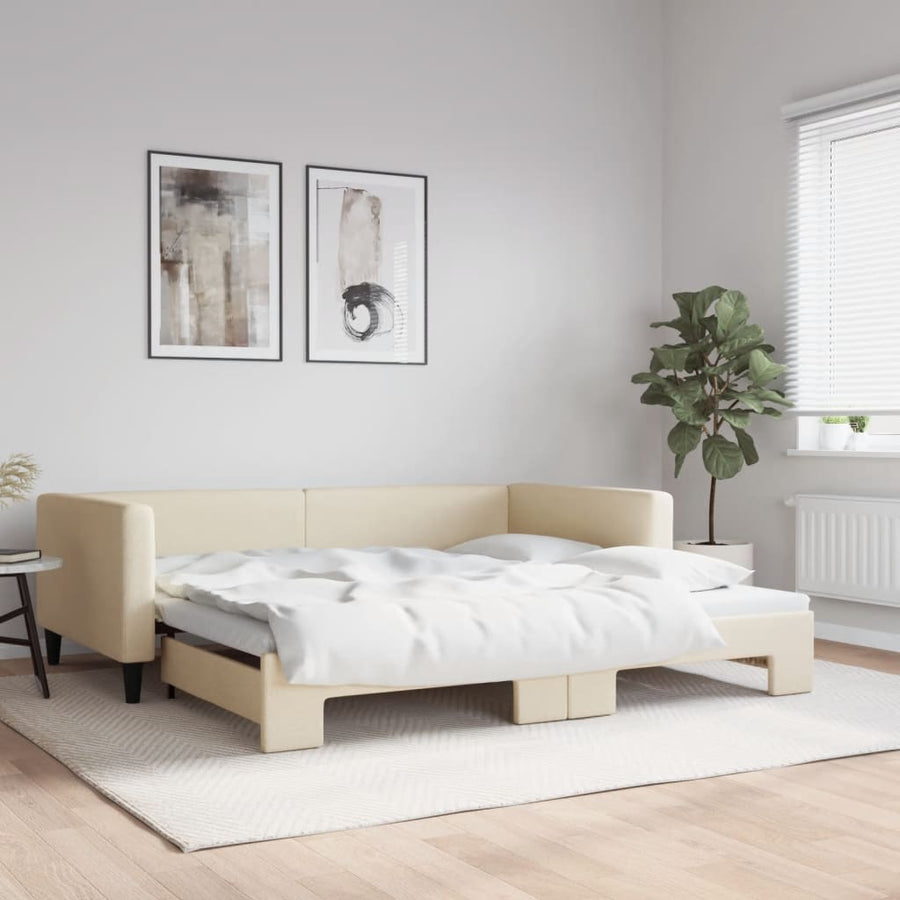 Slaapbank met onderschuifbed 100x200 cm stof crèmekleurig 100 x 200 cm Crème met onderschuifbed