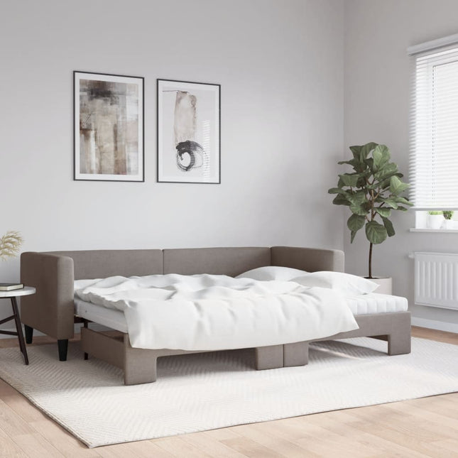 Slaapbank Met Onderschuifbed En Matrassen 80X200 Cm Stof Taupe Taupe 80 x 200 cm