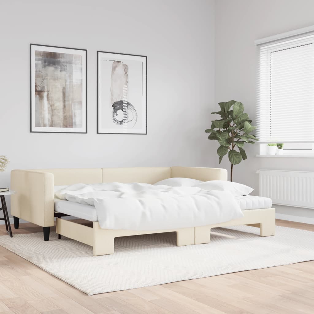 Slaapbank met onderschuifbed en matrassen 100x200 cm stof crème 100 x 200 cm Crème