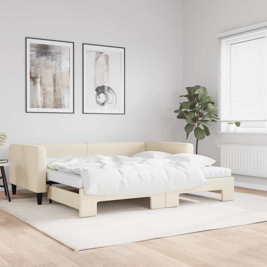 Slaapbank met onderschuifbed en matrassen 100x200 cm stof crème 100 x 200 cm Crème