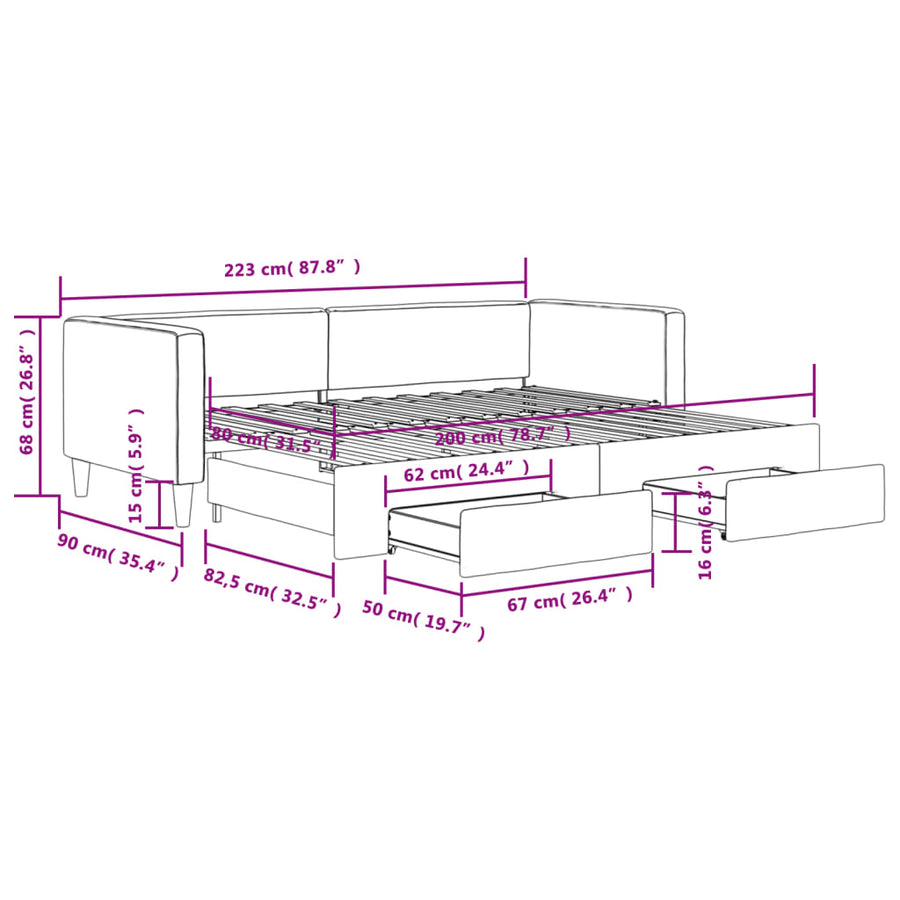 Slaapbank onderschuifbed en lades 80x200 cm stof donkergrijs 80 x 200 cm Donkergrijs