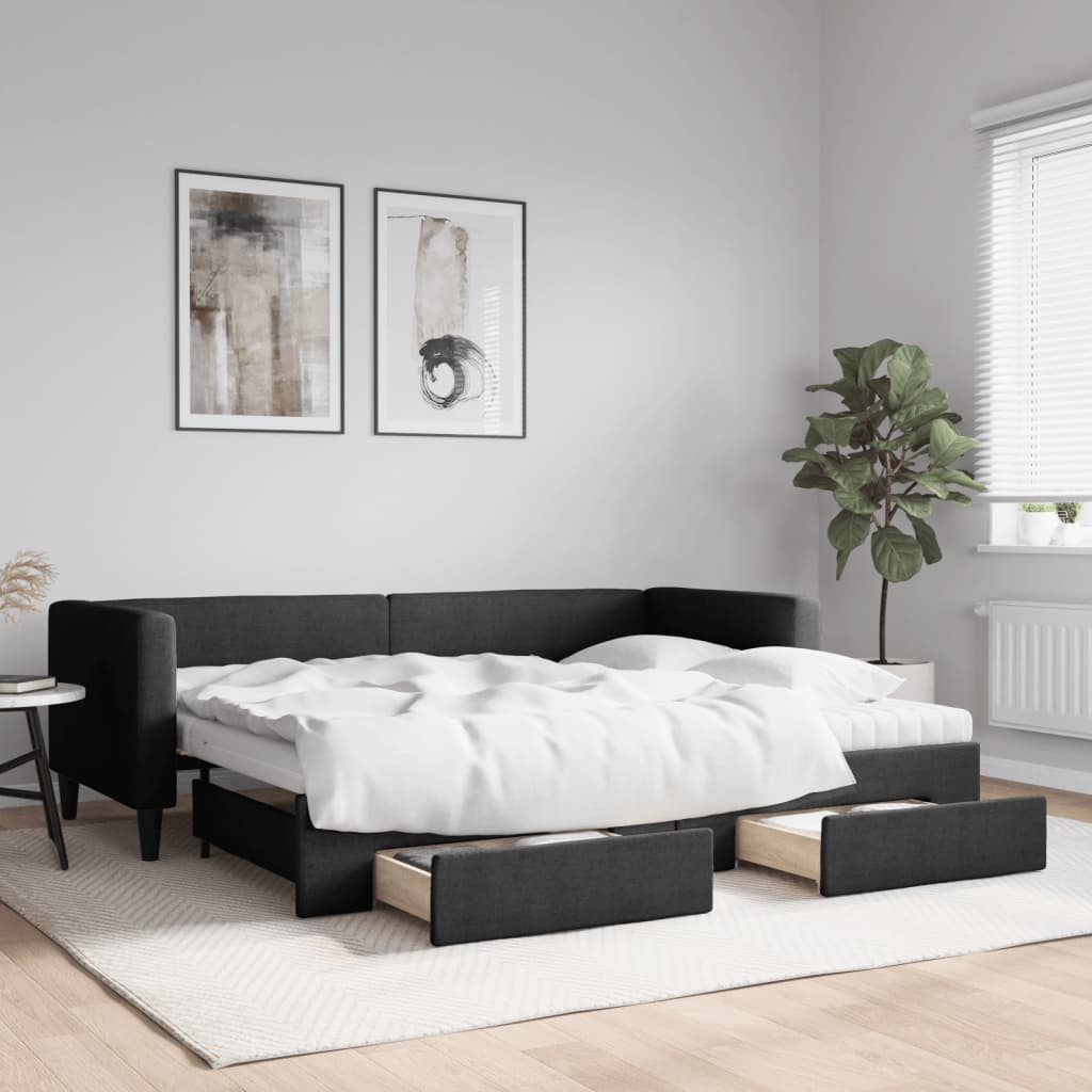 Slaapbank S Stof 80 x 200 cm Zwart met onderschuifbed en lade