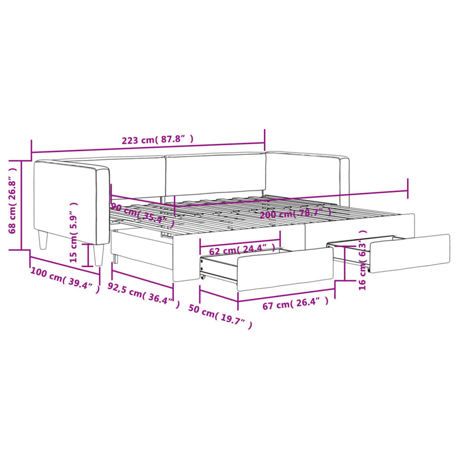 Slaapbank Onderschuifbed En Lades Stof 90 x 200 cm Donkergrijs met onderschuifbed en lade