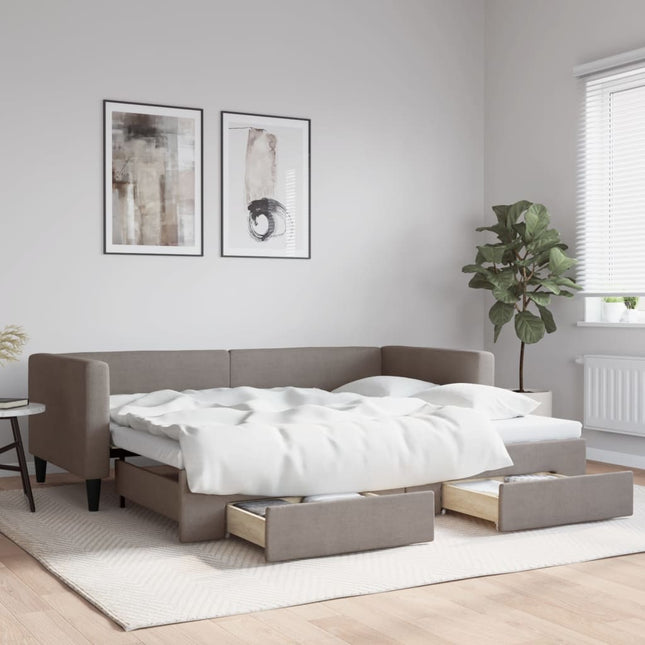 Slaapbank Met Onderschuifbed En Lades 90X200 Cm Stof Taupe Taupe 90 x 200 cm