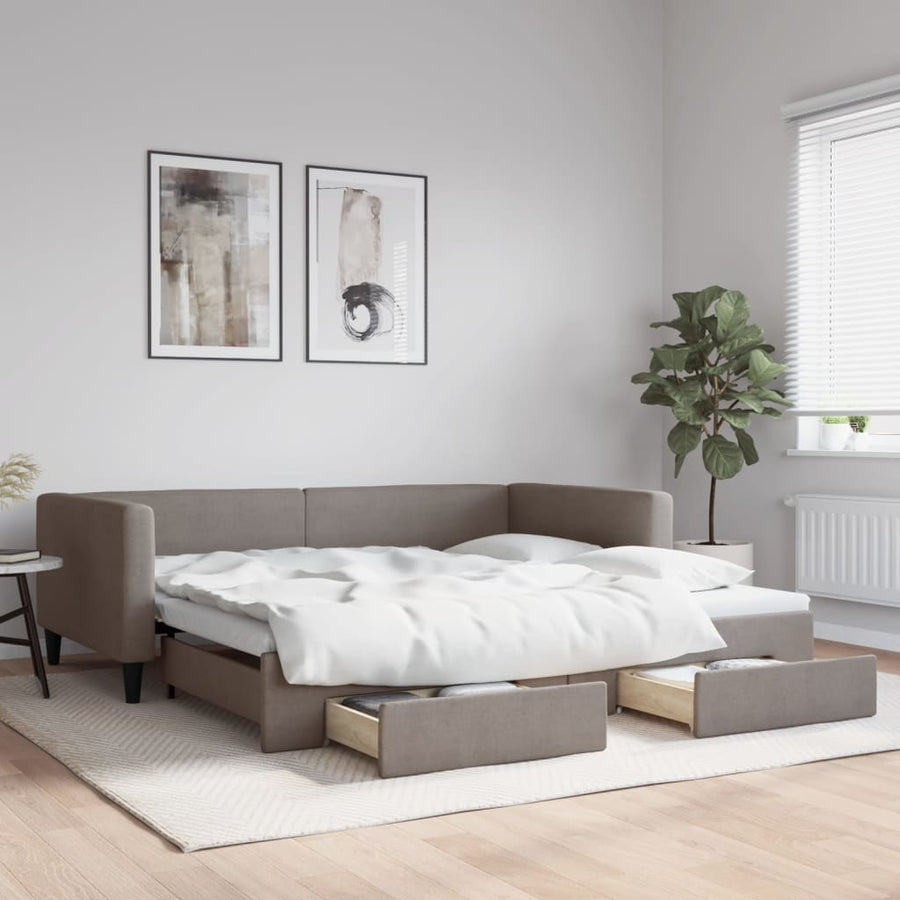 Slaapbank S Stof 100 x 200 cm Taupe met onderschuifbed en lade