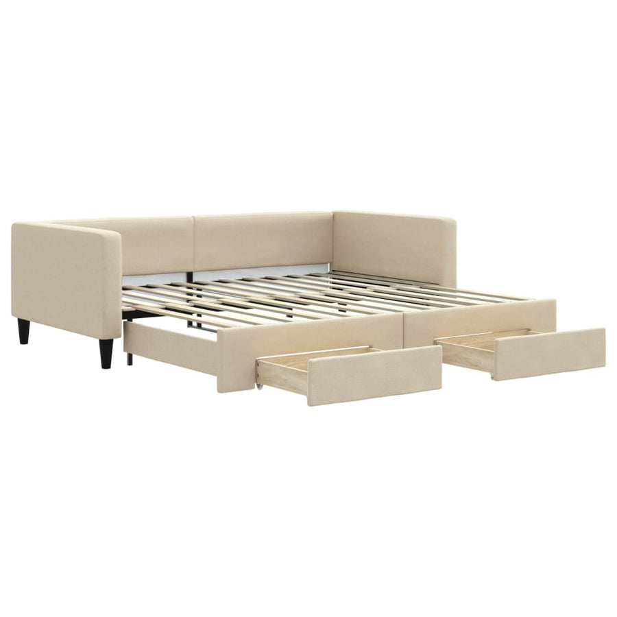Slaapbank met onderschuifbed en lades 100x200 cm stof crème 100 x 200 cm Crème met onderschuifbed en lade