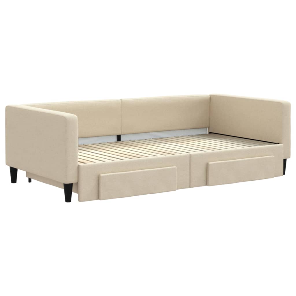 Slaapbank met onderschuifbed en lades 100x200 cm stof crème 100 x 200 cm Crème met onderschuifbed en lade