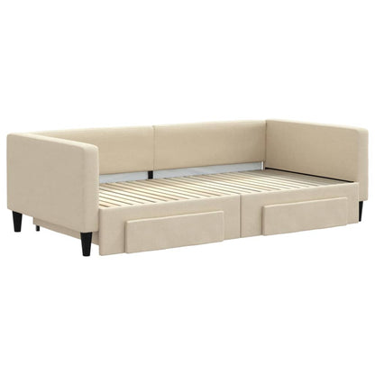 Slaapbank met onderschuifbed en lades 100x200 cm stof crème 100 x 200 cm Crème met onderschuifbed en lade