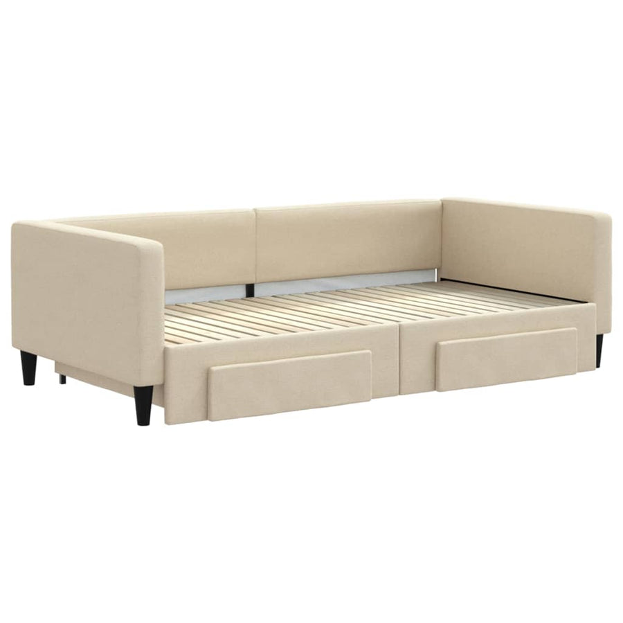 Slaapbank met onderschuifbed en lades 100x200 cm stof crème 100 x 200 cm Crème met onderschuifbed en lade