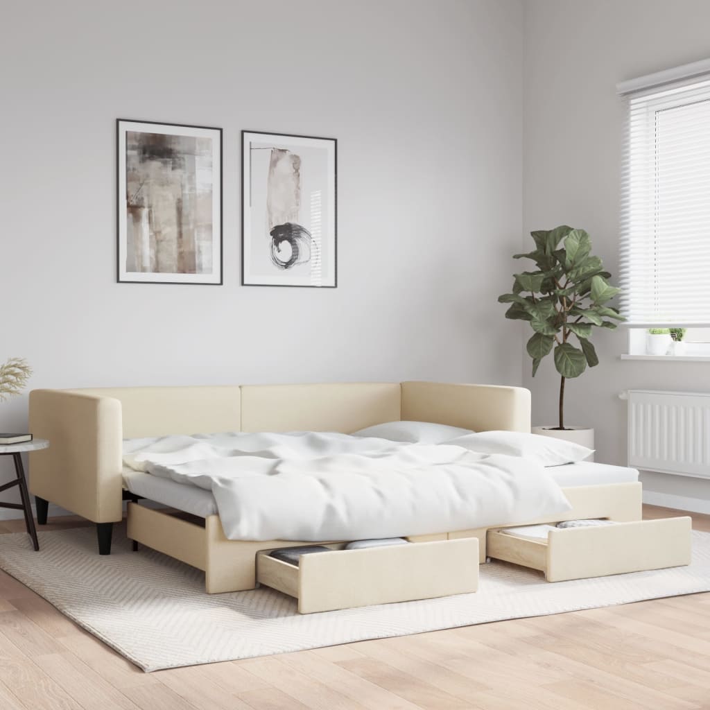 Slaapbank met onderschuifbed en lades 100x200 cm stof crème 100 x 200 cm Crème met onderschuifbed en lade