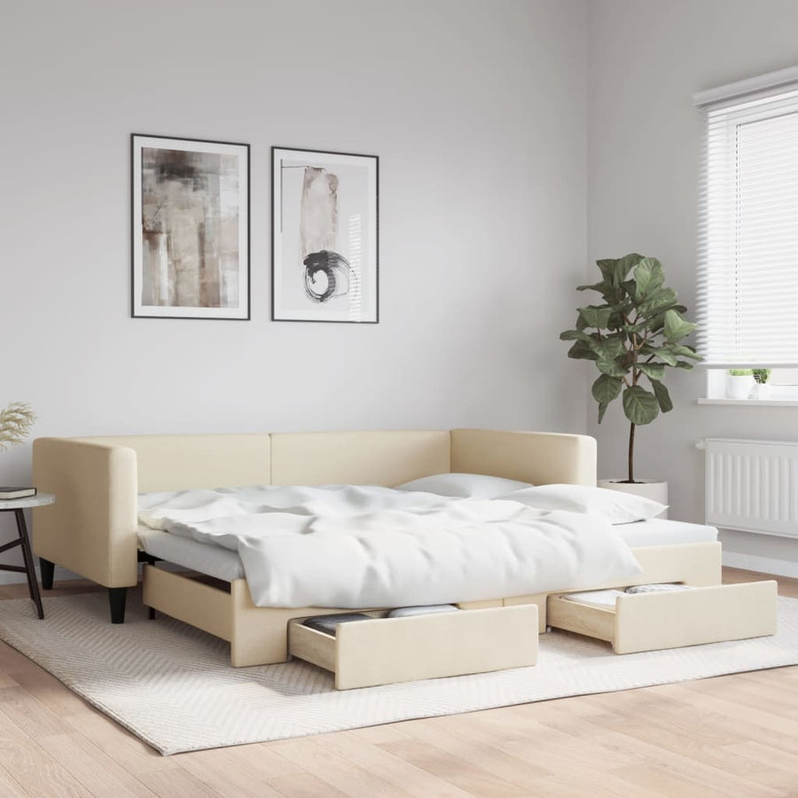Slaapbank met onderschuifbed en lades 100x200 cm stof crème 100 x 200 cm Crème met onderschuifbed en lade