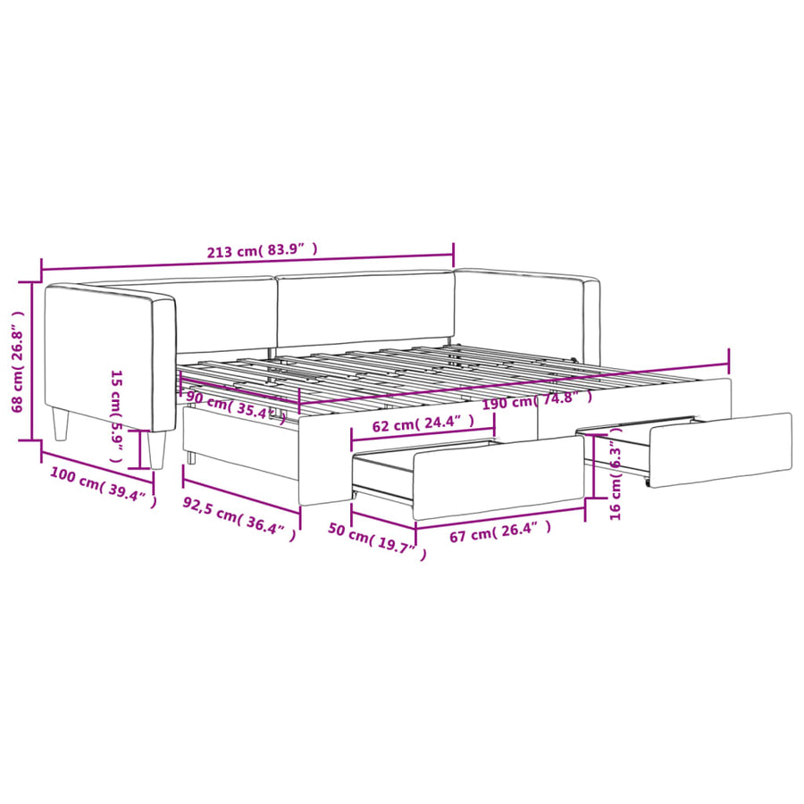 Slaapbank onderschuifbed en lades 90x190 cm stof donkergrijs 90 x 190 cm Donkergrijs
