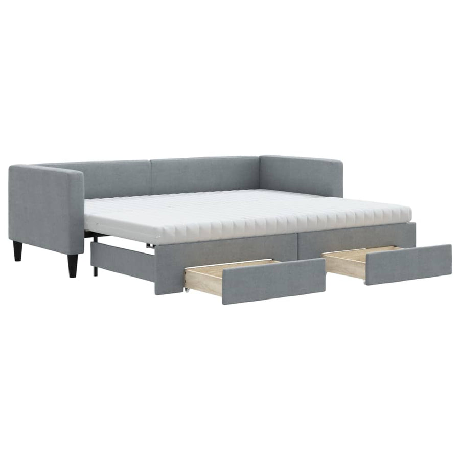 Slaapbank Met Onderschuifbed En Lades Stof 80 x 200 cm Lichtgrijs met onderschuifbed en lade en matras