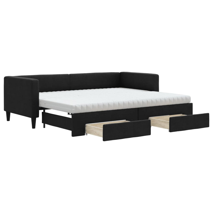 Slaapbank Met Onderschuifbed En Lades Stof 80 x 200 cm Zwart met onderschuifbed en lade en matras