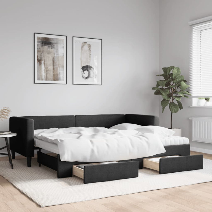 Slaapbank Met Onderschuifbed En Lades Stof 80 x 200 cm Zwart met onderschuifbed en lade en matras