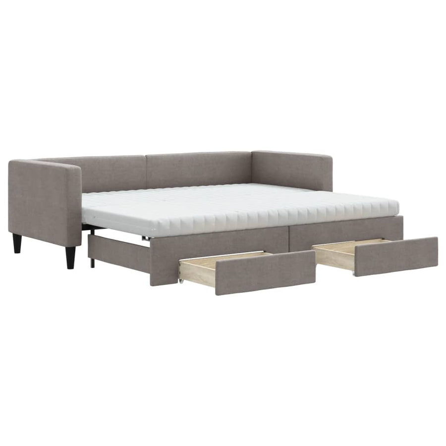 Slaapbank Met Onderschuifbed En Lades 80X200 Cm Stof Taupe Taupe 80 x 200 cm met onderschuifbed en lade en matras