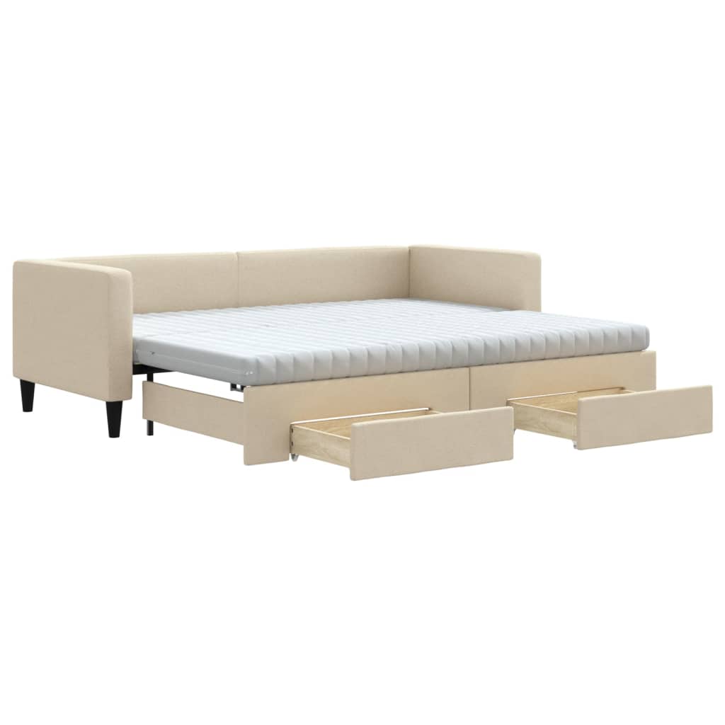 Slaapbank Met Onderschuifbed En Lades Stof Kleur 80 x 200 cm Crème met onderschuifbed en lade en matras