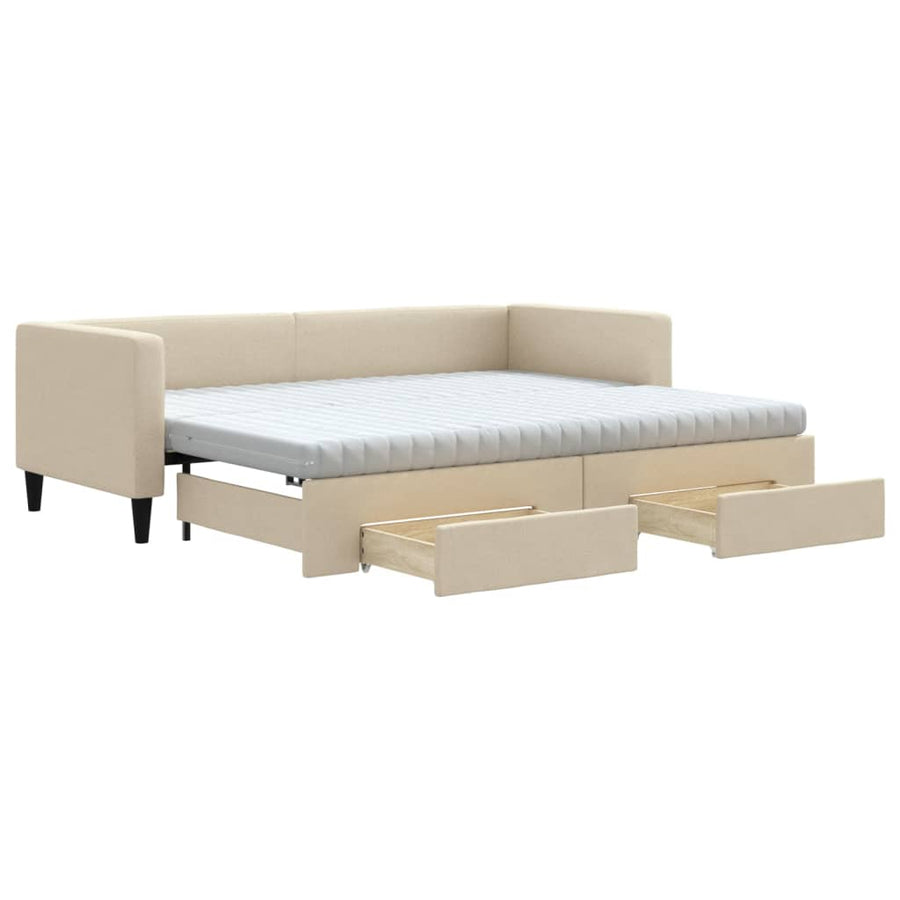 Slaapbank Met Onderschuifbed En Lades Stof Kleur 80 x 200 cm Crème met onderschuifbed en lade en matras