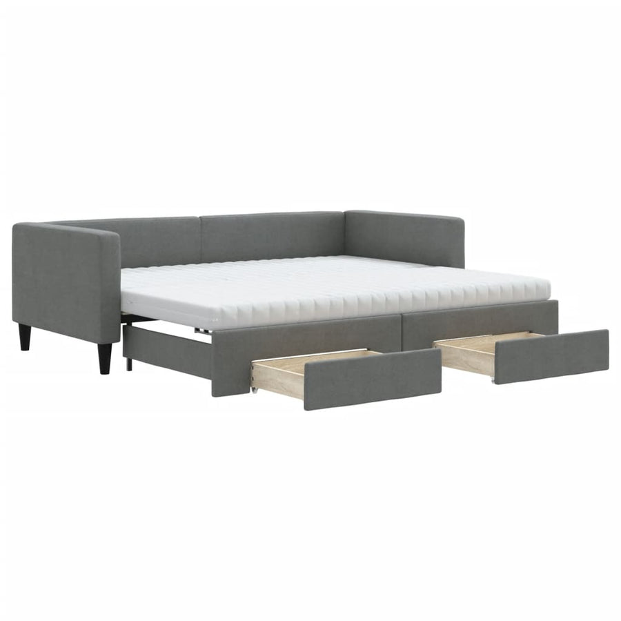 Slaapbank Onderschuifbed En Lades Stof 90 x 200 cm Donkergrijs met onderschuifbed en lade en matras