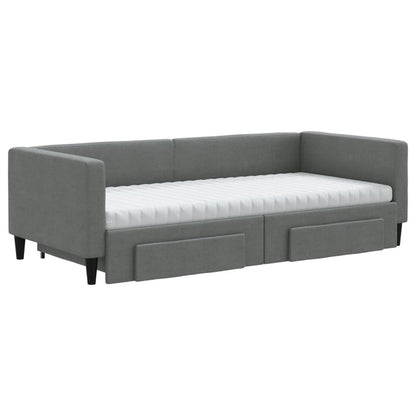 Slaapbank Onderschuifbed En Lades Stof 90 x 200 cm Donkergrijs met onderschuifbed en lade en matras