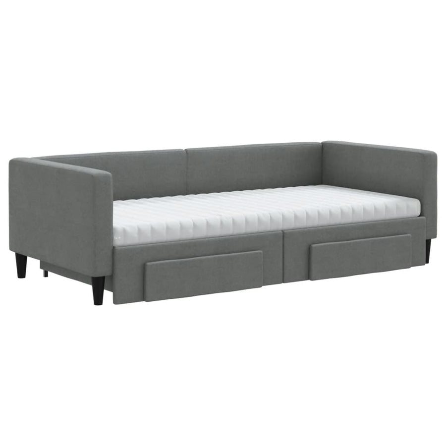 Slaapbank Onderschuifbed En Lades Stof 90 x 200 cm Donkergrijs met onderschuifbed en lade en matras