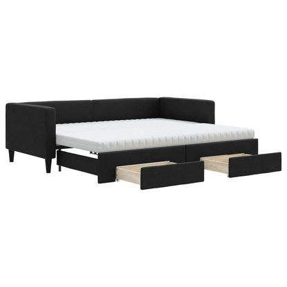 Slaapbank met onderschuifbed en lades 90x200 cm stof zwart 90 x 200 cm Zwart met onderschuifbed en lade en matras