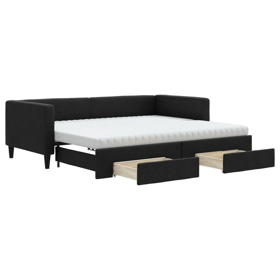 Slaapbank met onderschuifbed en lades 90x200 cm stof zwart 90 x 200 cm Zwart met onderschuifbed en lade en matras
