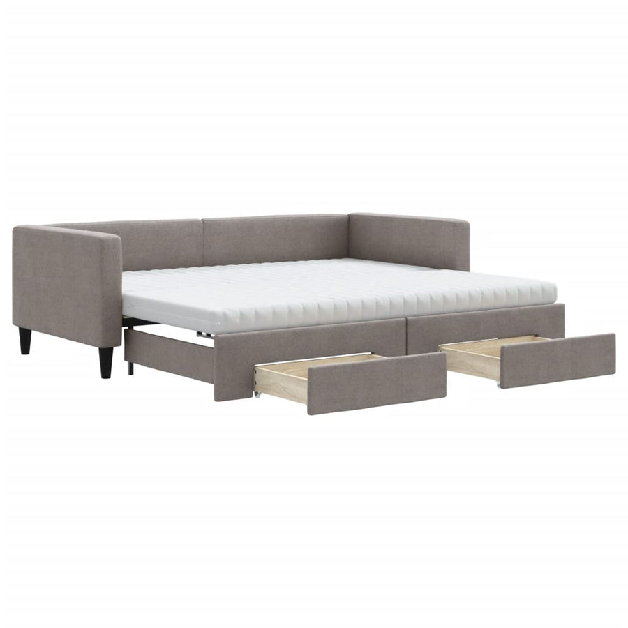Slaapbank Met Onderschuifbed En Lades 90X200 Cm Stof Taupe Taupe 90 x 200 cm met onderschuifbed en lade en matras