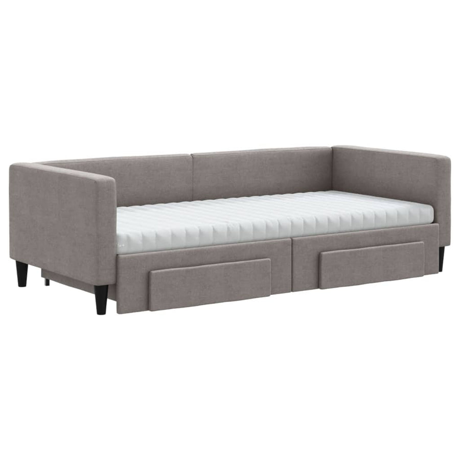 Slaapbank Met Onderschuifbed En Lades 90X200 Cm Stof Taupe Taupe 90 x 200 cm met onderschuifbed en lade en matras