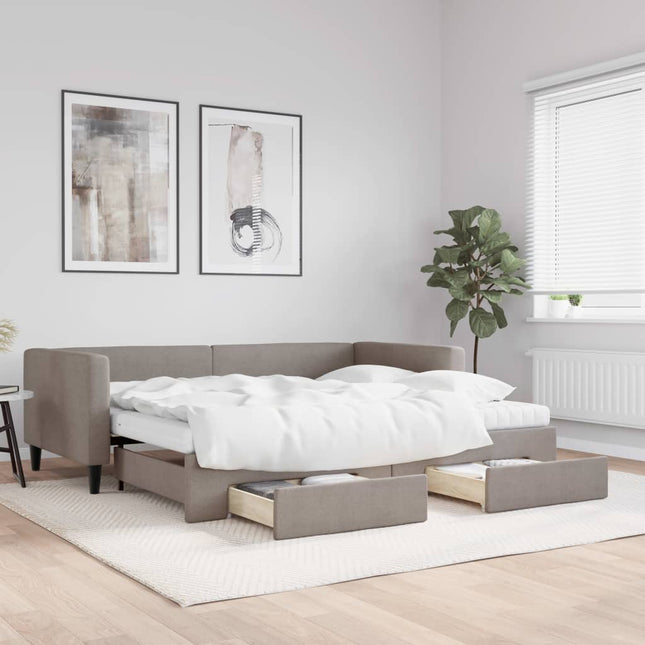 Slaapbank Met Onderschuifbed En Lades 90X200 Cm Stof Taupe Taupe 90 x 200 cm met onderschuifbed en lade en matras