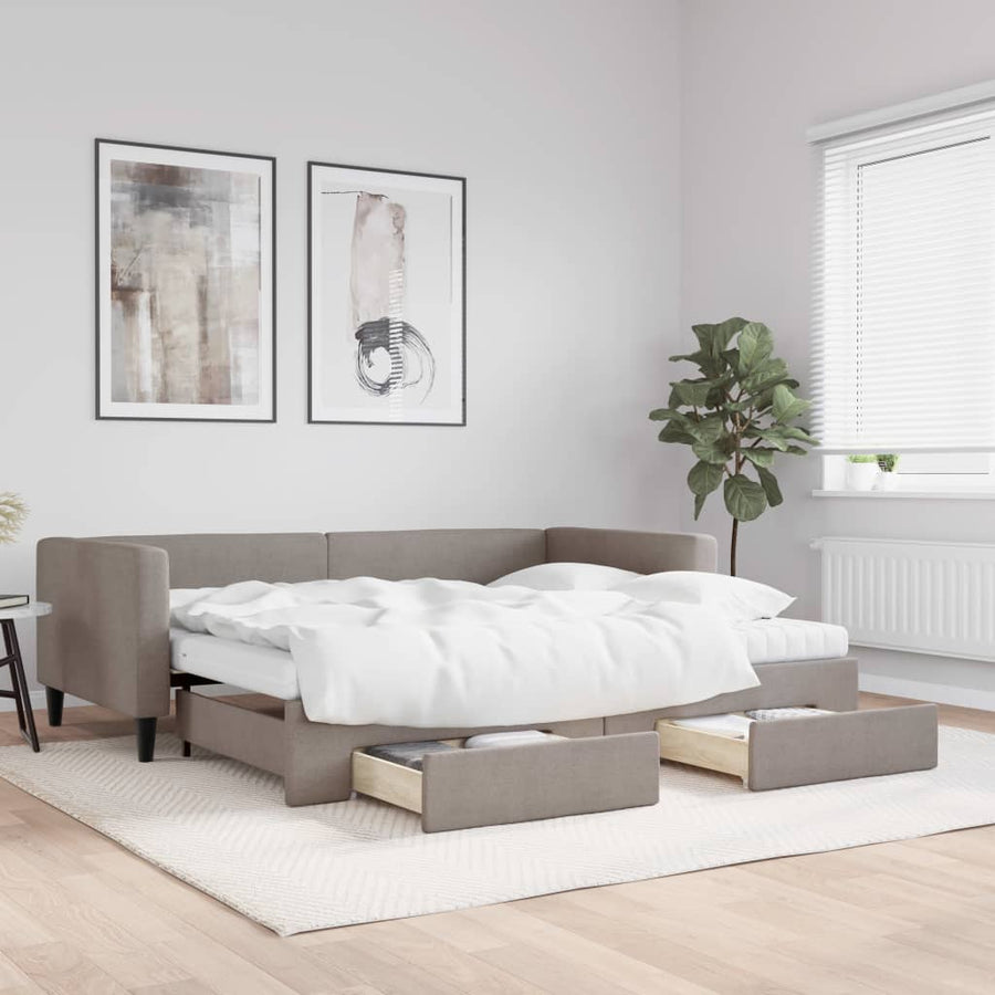 Slaapbank Met Onderschuifbed En Lades 90X200 Cm Stof Taupe Taupe 90 x 200 cm met onderschuifbed en lade en matras