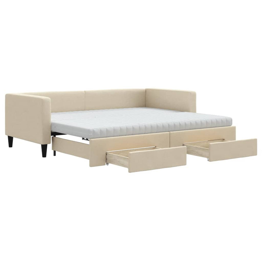 Slaapbank Met Onderschuifbed En Lades Stof Kleur 90 x 200 cm Crème met onderschuifbed en lade en matras