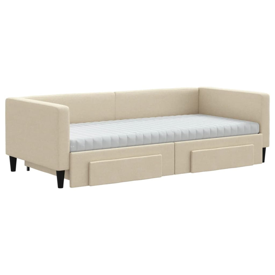 Slaapbank Met Onderschuifbed En Lades Stof Kleur 90 x 200 cm Crème met onderschuifbed en lade en matras