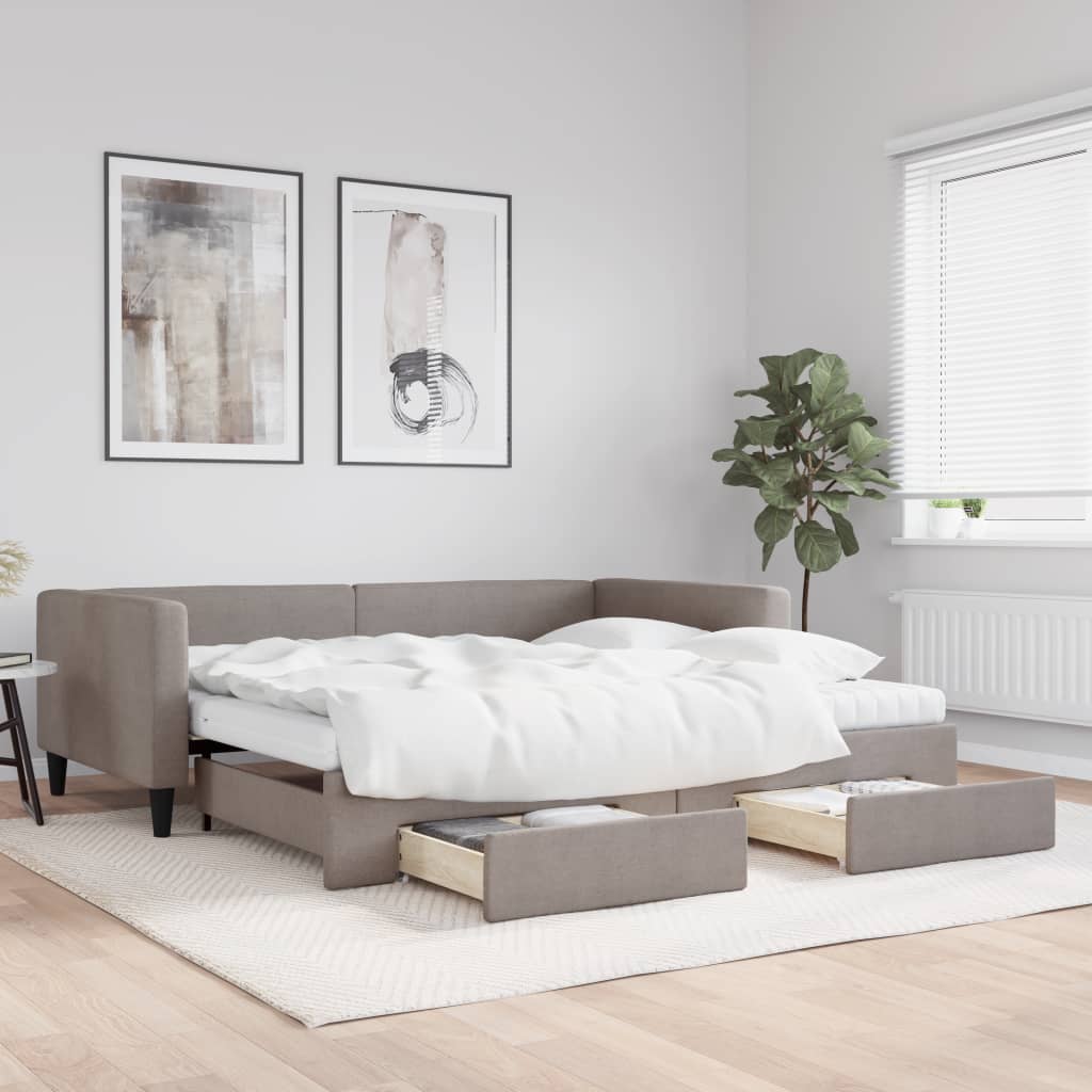 Slaapbank Met Onderschuifbed En Lades Stof 100 x 200 cm Taupe met onderschuifbed en lade en matras