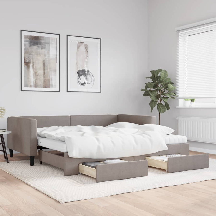 Slaapbank Met Onderschuifbed En Lades Stof 100 x 200 cm Taupe met onderschuifbed en lade en matras