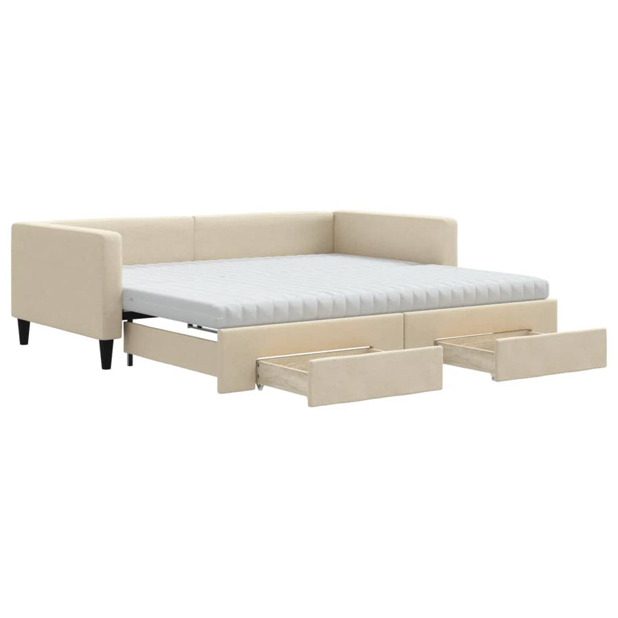 Slaapbank met onderschuifbed en lades 100x200 cm stof crème 100 x 200 cm Crème met onderschuifbed en lade en matras