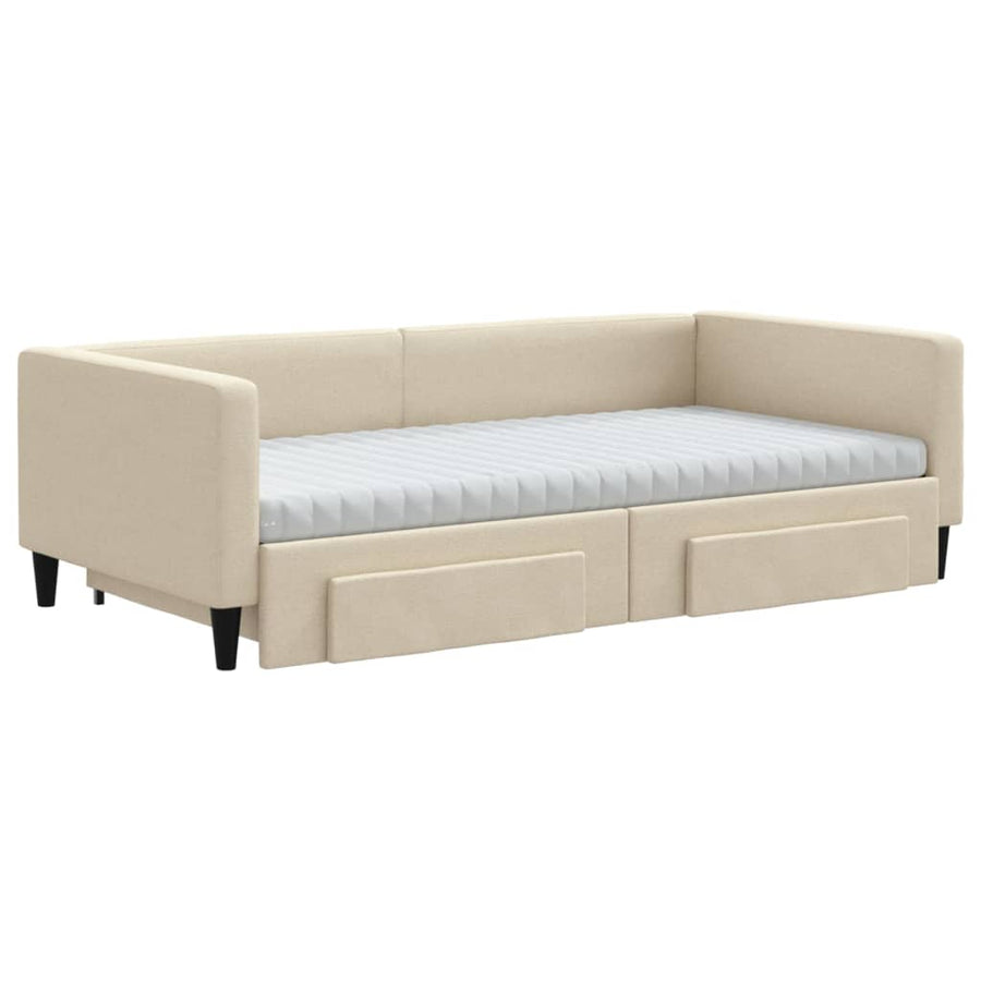 Slaapbank met onderschuifbed en lades 100x200 cm stof crème 100 x 200 cm Crème met onderschuifbed en lade en matras