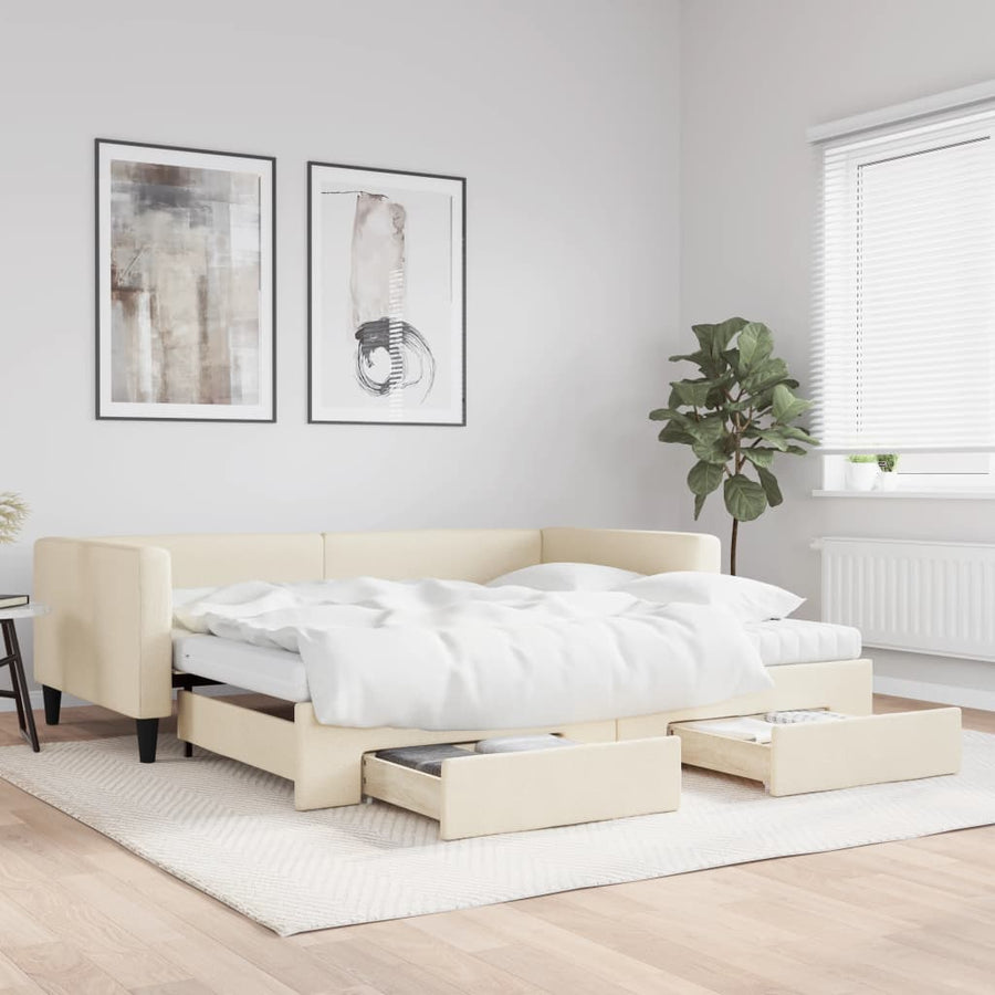 Slaapbank met onderschuifbed en lades 100x200 cm stof crème 100 x 200 cm Crème met onderschuifbed en lade en matras