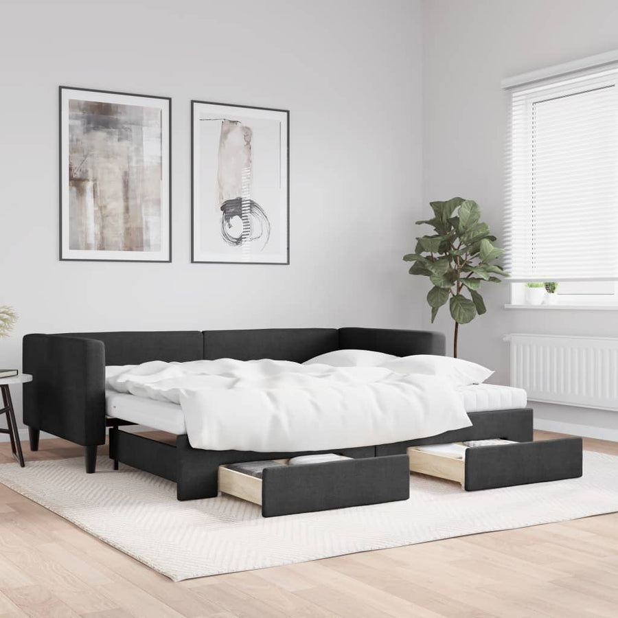 Slaapbank Met Onderschuifbed En Lades Stof 90 x 190 cm Zwart met onderschuifbed en lade en matras
