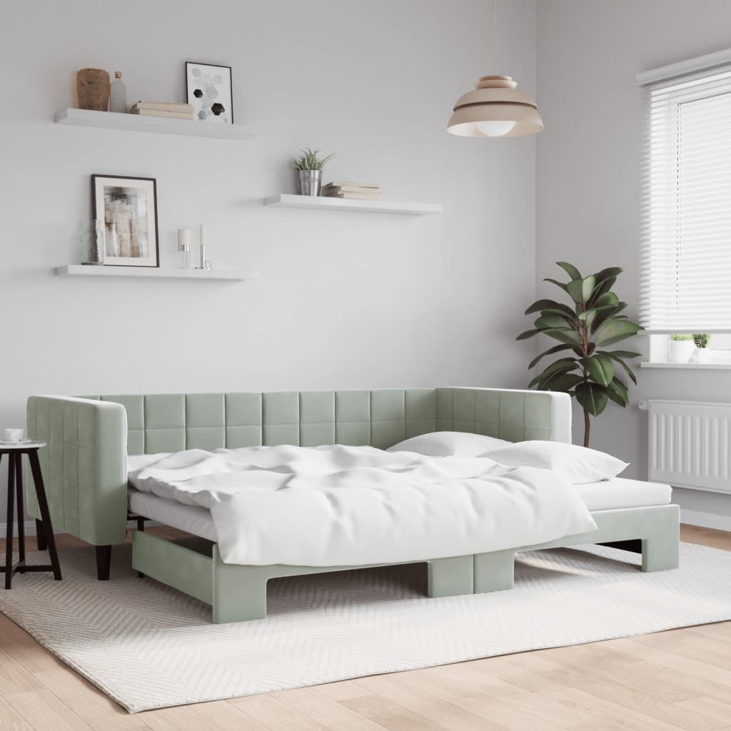 Slaapbank met onderschuifbed 90x200 cm fluweel lichtgrijs