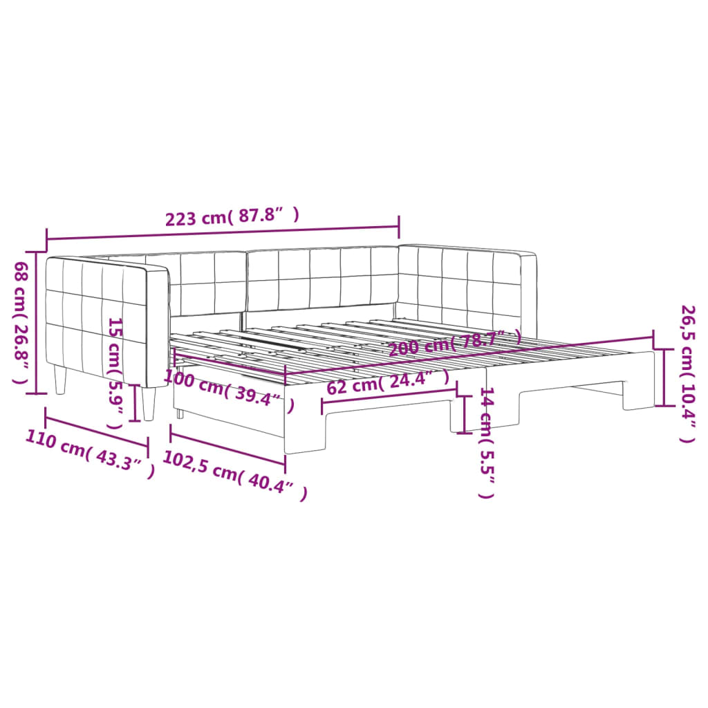 Slaapbank met onderschuifbed 100x200 cm fluweel roze
