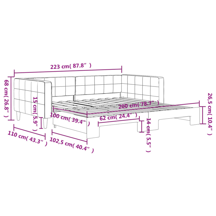 Slaapbank met onderschuifbed 100x200 cm fluweel geel