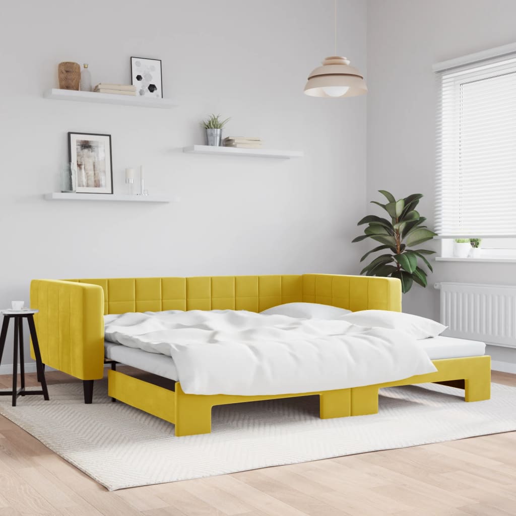 Slaapbank met onderschuifbed 100x200 cm fluweel geel