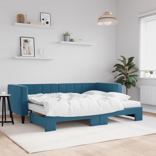 Slaapbank Onderschuifbed En Matrassen Fluweel 80 x 200 cm Blauw met onderschuifbed en matras